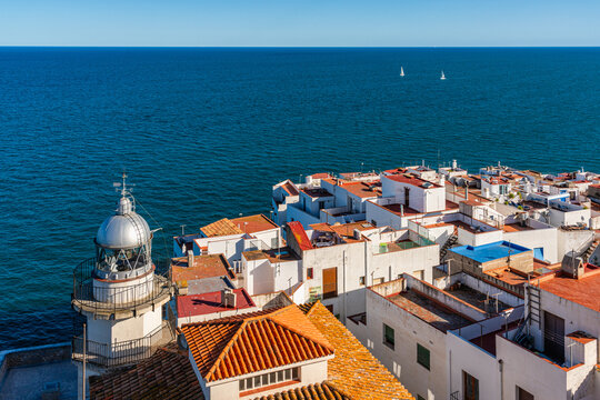 Scenic summer sight in Peniscola, beautiful seaside town in the Province of Castellon, Valencian Comunity, Spain.