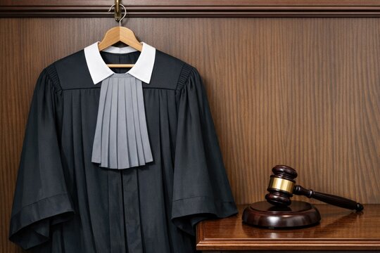 A close-up of a judge's robe and gavel on a table, often used in law-themed settings