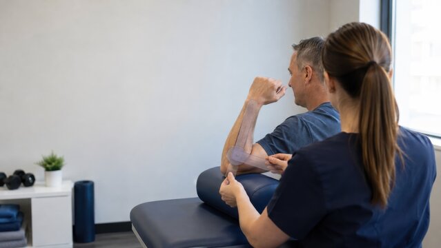 Physical therapist measuring elbow range of motion with a goniometer