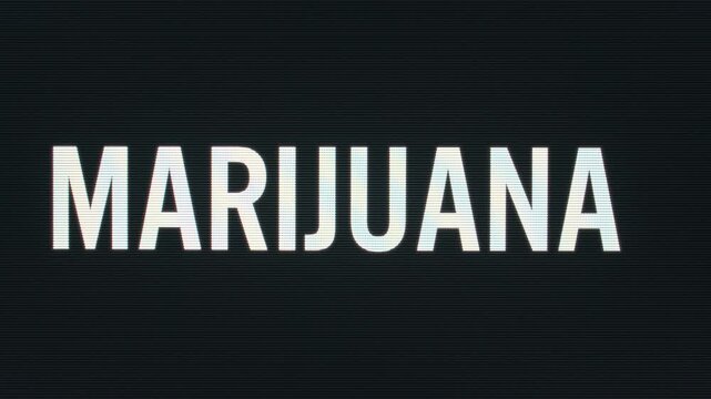 Digital screen display typing the word marijuana with a blinking text cursor.