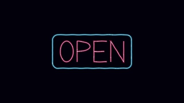 Glowing neon open sign with flickering light effect for retail business and storefront promotion