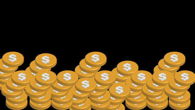 Pile of golden coins with dollar signs on a black background