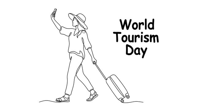 World Tourism Day Continuous Line Art Woman Traveler Suitcase
