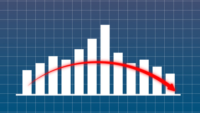 Bar graph with declining red arrow illustrates negative market trend