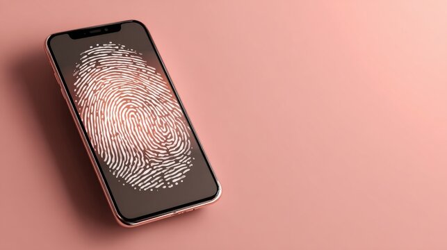 Smartphone with fingerprint authentication icon on a pink background