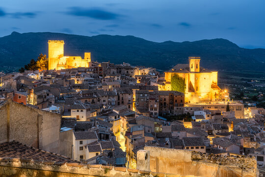 Scenic sight in Moratalla illuminated  in the evening, beautiful town in the Region of Murcia, Spain.