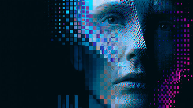 Human digital identity concept with colorful glowing pixels on face