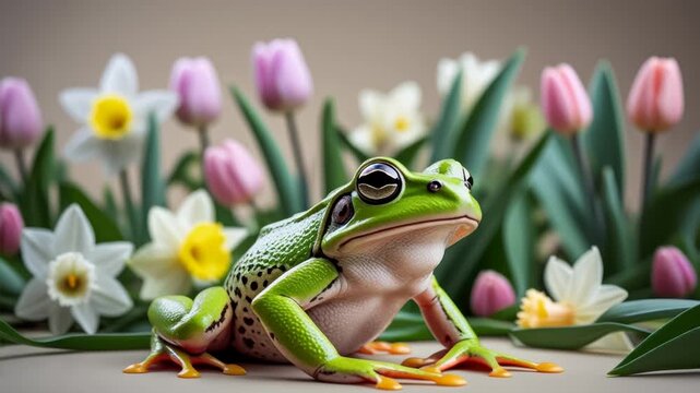 Portrait of amphibian green frog on background spring blooming flower garden outside AI Generative