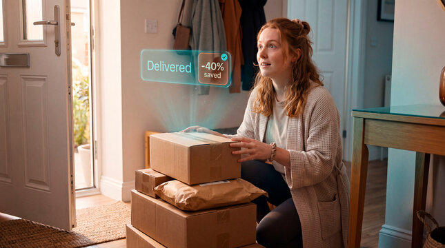 Delighted woman unboxing delivery as augmented reality savings confirmation hologram glows