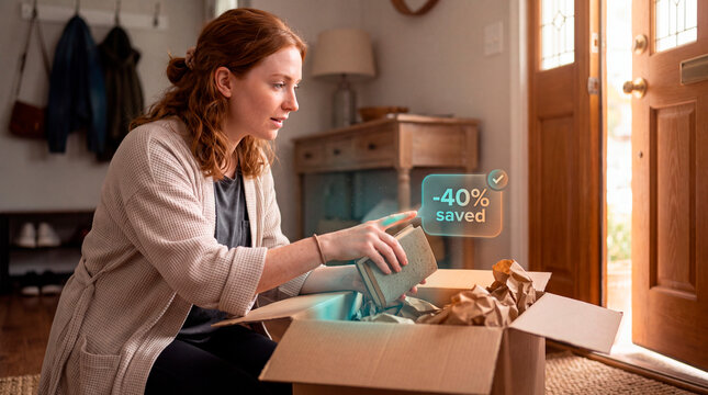 Pleased woman unpacking book from delivery box beneath augmented reality savings hologram