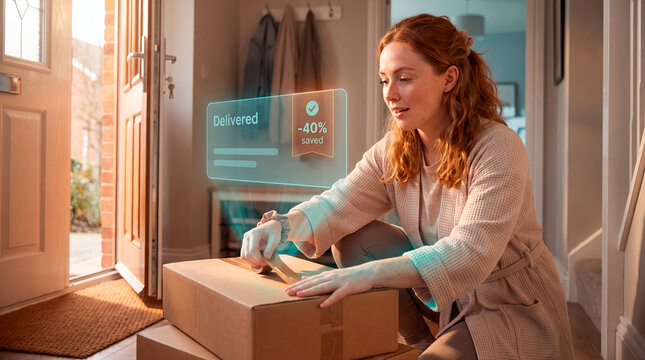 Cheerful woman taping delivery box as augmented reality delivered and savings hologram appears