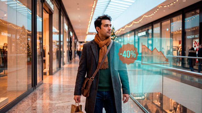Focused man walking festive mall corridor as augmented reality discount graph hologram appears