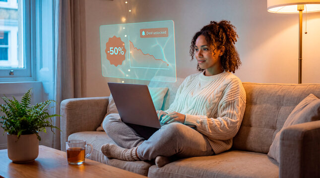 Content woman browsing laptop as augmented reality discount chart hologram glows at home