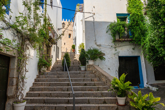 Scenic summer sight in Peniscola, beautiful seaside town in the Province of Castellon, Valencian Comunity, Spain.