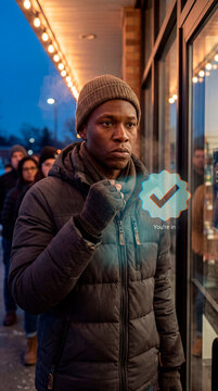 Resolute man entering store as augmented reality you are in confirmation hologram glows