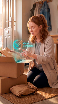 Delighted woman unwrapping delivery as augmented reality order complete hologram appears