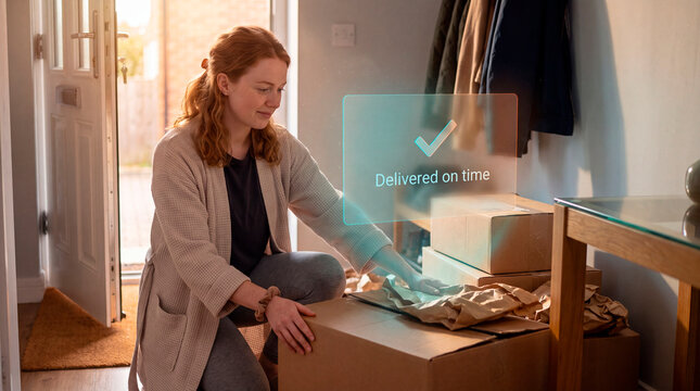 Pleased woman kneeling by delivery boxes as augmented reality delivered on time hologram glows