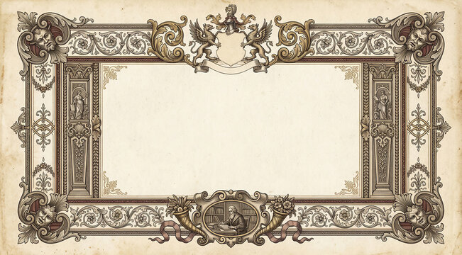 Elegant historical certificate border with mythical griffins and scholar scene on aged parchment for classic document design.