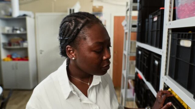 Young adult African American woman searching through storage bins on shelves, selecting yellow plastic component in robotics workshop. Clip is ideal for technology education and STEM startup promos