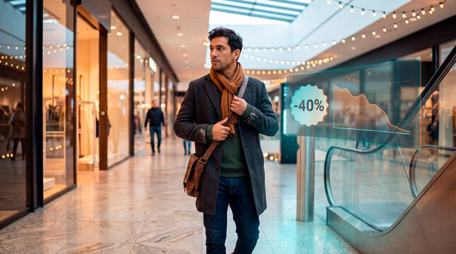 Focused man walking past escalator as augmented reality discount graph hologram appears