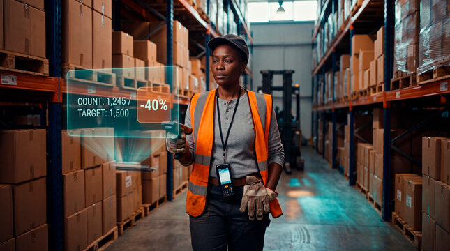 Determined warehouse worker tracking augmented reality inventory count discount hologram