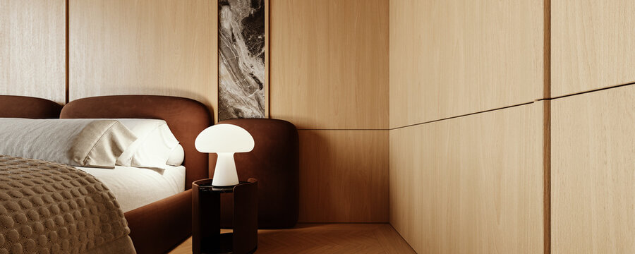 Bedroom. Close up of bed and night stand with lamp. 3D Rendering, 3D Illustration