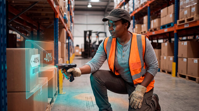 Focused warehouse worker scanning package as augmented reality discount tag hologram appears