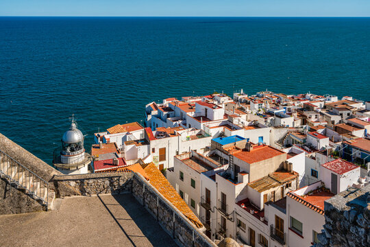 Scenic summer sight in Peniscola, beautiful seaside town in the Province of Castellon, Valencian Comunity, Spain.