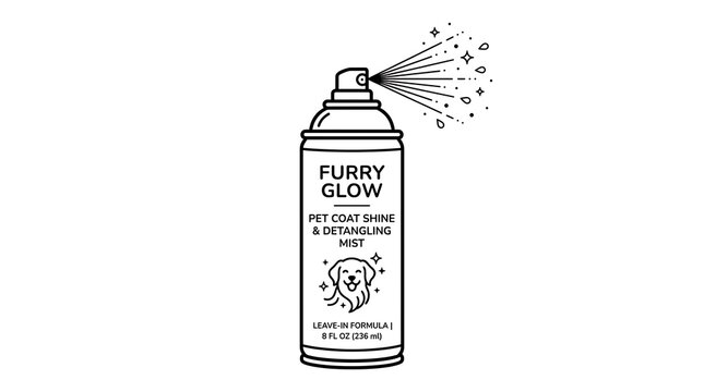 Pet spray bottle labeled furry glow pet coat shine mist