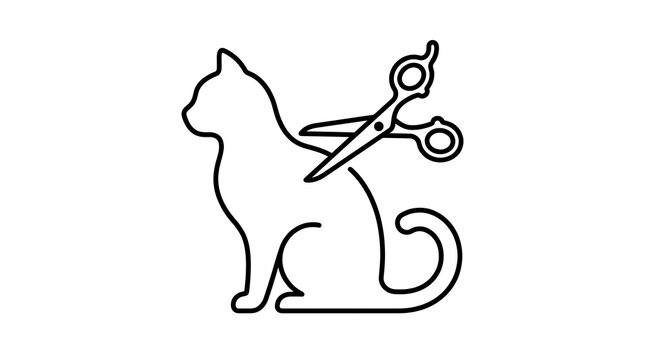 Black and white cat icon with giant scissors