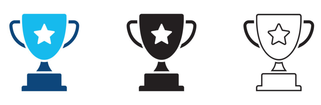 Trophy icon vector illustration set in various styles, solid, outline and color award symbol design editable stroke