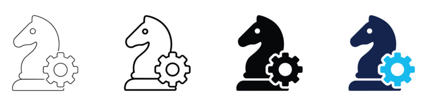 Set of chess knight icons with gear symbol, strategy and development concept, vector illustration editable stroke