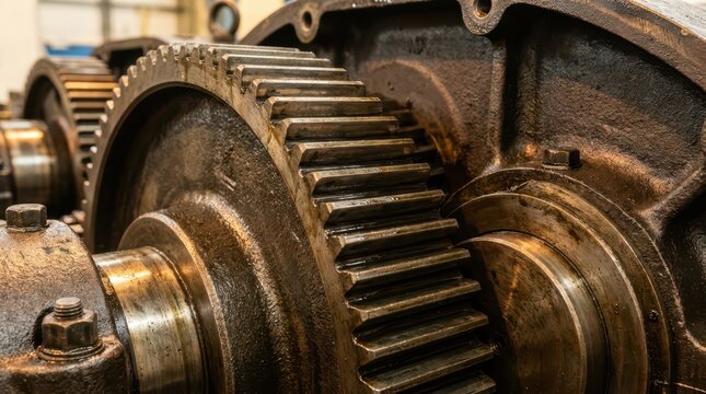 Closeup wind turbine gearbox gears and shafts industrial maintenance background for technical manual and engineering banner