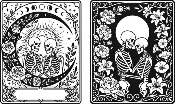 Vintage style black and white halloween background featuring intricate illustrations of hugging skeletons with moon phases and floral gothic decorative elements
