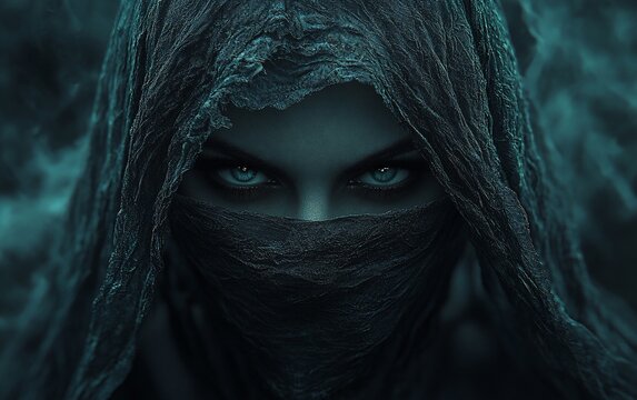 A woman with piercing blue eyes peers out from under a dark veil.