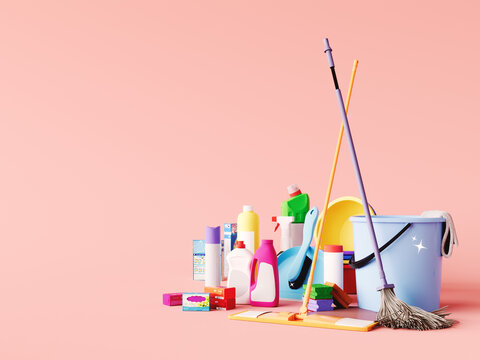 Household cleaning products on pink background with copy space. Cleaning concept banner design. 3D Rendering, 3D Illustration