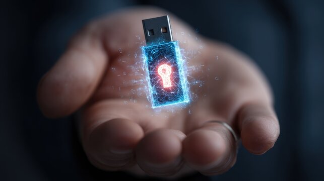 Hand holding glowing digital usb drive with security lock icon