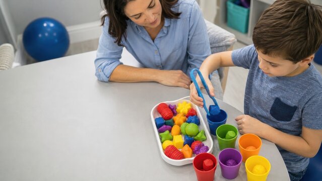 Child using tweezers for color sorting in occupational therapy