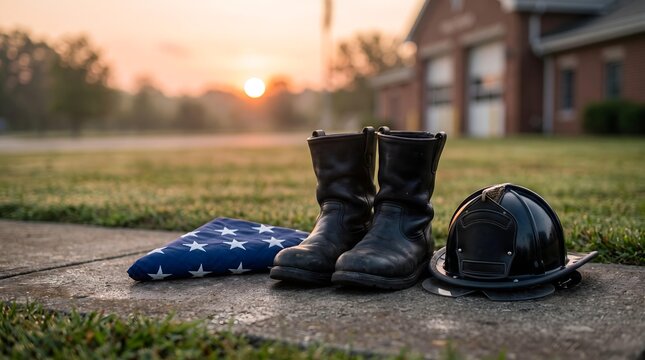 Firefighter Memorial with Boots, Helmet and Folded American Flag at Sunset