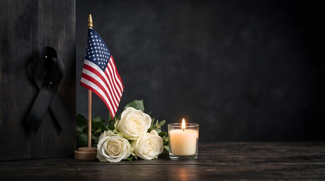 American Memorial Tribute with Black Ribbon, US Flag, White Roses and Burning Candle