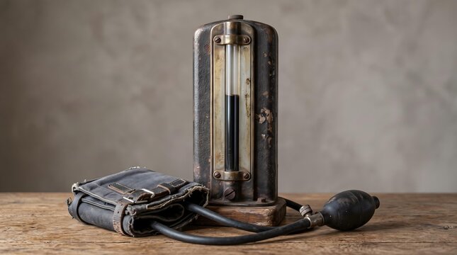 Vintage Mercury Sphygmomanometer with Manual Cuff and Rubber Pump on Wooden Table