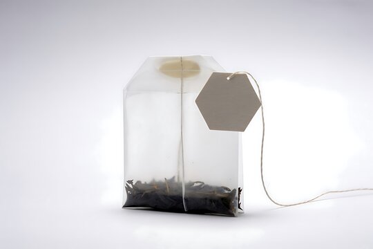 A single tea bag with a blank hexagon label for branding isolated on white background