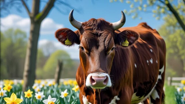 Portrait of farm cow animal pet on background spring blooming flower garden outside AI Generative