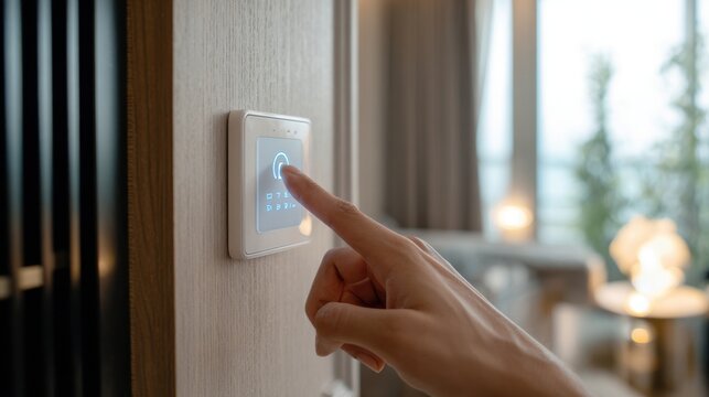 Finger touching smart home security keypad on wall