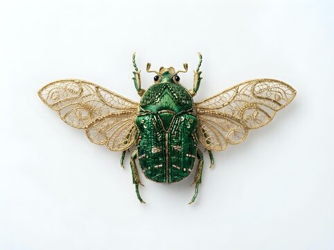 Emerald beetle with translucent golden wings displayed against white