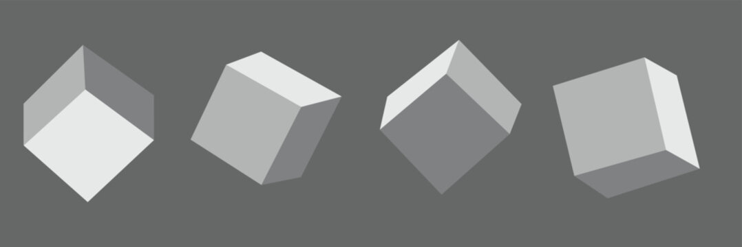 3d silver metal cubes set isolated on light background. Render a rotating chrome steel box with different angles in perspective with lighting and shadow. Realistic vector geometric shapes.
