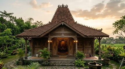 Obraz premium Traditional Javanese Wooden House at Sunset, Indonesia