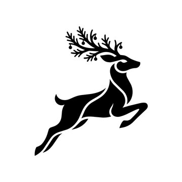 Leaping Christmas reindeer silhouette vector illustration, black deer with pine branch antlers and ornaments isolated on white background for holiday design