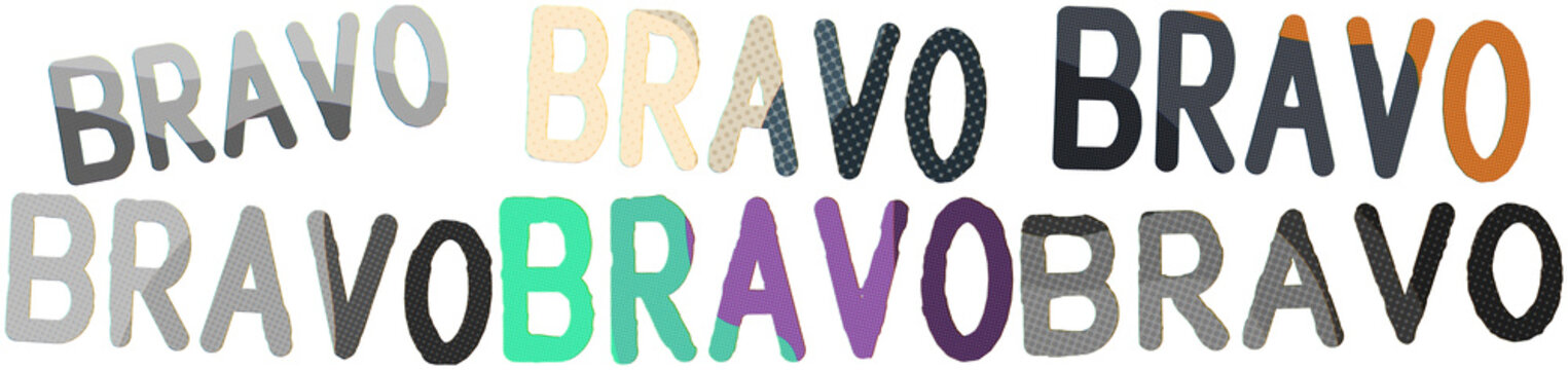 A retro risograph-style collage of bold bravo wordmarks in varied colors and halftone textures.