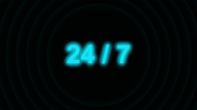 24/7 neon sign glowing on dark background, for business availability, and constant service concepts